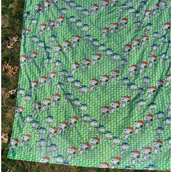 Snoopy Baseball Green White Twin Fitted Flat Pillow Sheet Set Vintage c. 1958 - Picture 7 of 14